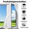 A window with a mobile air conditioner hose attached, with feature icons and text on the right. Produktbild-Vorschau