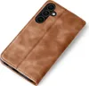 A brown leather flip case for a smartphone is shown against a white background. Produktbild-Vorschau