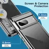 A clear protective case is shown on a Google Pixel 7a phone, highlighting screen and camera protection. Produktbild-Vorschau