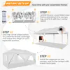 Diagram showing the steps to set up a white canopy tent. Voir les images du produit