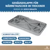 A gray plastic part for a dryer, with text overlays indicating its purpose and compatibility. Produktbild-Vorschau