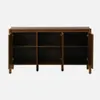 A wooden sideboard with three doors open, revealing shelves, against a white background. Produktbild-Vorschau