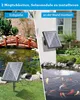A split image showing two ways to install a solar-powered pond aerator: one staked in the ground near a pond with a bridge, and the other mounted on a wall next to a pond with koi fish. Produktbild-Vorschau