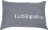 A rectangular gray pillow with white text. Produktbild-Vorschau