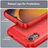 A close-up marketing image showing a red phone case with carbon fiber accents, highlighting screen and camera protection. Produktbild-Vorschau