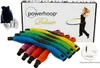 A product shot of a Powerhoop Deluxe fitness hoop set, including the hoop segments, weights, a storage bag, and an instructional DVD, displayed with the product box in the background. Produktbild-Vorschau