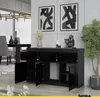 A modern living room with a black sideboard, dining chairs, and abstract art. Náhľad obrázku produktu