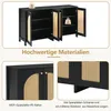 A collage of images showcasing a black sideboard with rattan doors, highlighting its materials and construction. Podgląd zdjęcia produktu