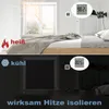 A split image showing a bedroom in sunlight and darkness, with thermometers indicating temperature changes. Produktbild-Vorschau