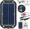 A collage of images showing a solar battery charger and its accessories, along with diagrams illustrating its use. Produktbild-Vorschau
