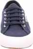 A close-up, front-facing view of a navy blue Superga sneaker with white laces and a white sole. Produktbild-Vorschau