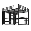 A black metal bunk bed with integrated desk and shelving units, shown from a low-angle perspective against a white background. Produktbild-Vorschau