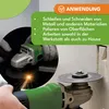 Two close-up shots of an angle grinder being used, one showing sparks and the other cutting a wall. Text overlays describe its applications. Produktbild-Vorschau