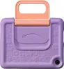 A close-up, top-down view of a purple kids' tablet case with a pink handle. Voir les images du produit