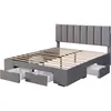 A grey upholstered bed frame with four drawers and a slatted base, shown against a white background. Produktbild-Vorschau