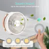 A portable fan is shown on a table with leaves blowing around it, and a hand is shown holding a remote control for the fan. Below the fan, there are three illuminated circles indicating night light functionality. Náhľad obrázku produktu