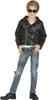 A young boy wearing a black leather jacket, sunglasses, and ripped jeans, posing against a white background. Produktbild-Vorschau