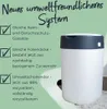 A white diaper pail with a dark gray lid is shown against a light green background with text highlighting its eco-friendly features. Produktbild-Vorschau