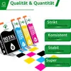 Four ink cartridges are shown in a diagonal arrangement, with colorful diamond shapes representing ink splatters below them. Text overlays highlight product features. Produktbild-Vorschau