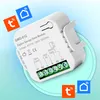 A white Zigbee garage door module is shown on a light blue and cyan gradient background, with two app logos in the corners. Voir les images du produit