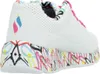 A side view of a white sneaker with colorful graffiti-style artwork on the sole and lining. Podgląd zdjęcia produktu