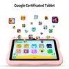 A pink tablet with various app icons floating above it, on a white background. Produktbild-Vorschau