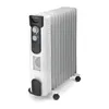 A white oil-filled radiator with black controls and wheels, set against a white background. Produktbild-Vorschau