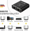 A marketing image showcasing a LAN splitter and its compatibility with various network devices. Produktbild-Vorschau