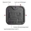The back of a black multifunctional LED wall clock with labels pointing to its features. Produktbild-Vorschau