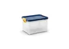 A clear studio shot of a transparent storage box with a blue lid and yellow clasps, set against a white background. Produktbild-Vorschau