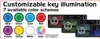 A graphic displaying customizable key illumination options for a car stereo system, showing different color choices and examples of the stereo with illuminated buttons. Produktbild-Vorschau