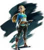 A full-body illustration of Princess Zelda from The Legend of Zelda: Breath of the Wild, standing against a dark, abstract background. Voir les images du produit