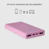 A pink power bank is shown with icons representing various devices it can charge, and text indicating it's a single accessory for multiple devices. Anteprima dell’immagine prodotto