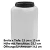 A white plastic storage container with a black screw-on lid, shown against a white background. Text below the container provides its dimensions. Anteprima dell’immagine prodotto