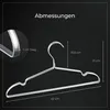A white clothes hanger is shown against a black background with dimensions overlaid. A close-up of the hanger's thickness is also visible. Produktbild-Vorschau