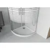A corner shower cabin with a white base and striped glass doors, set in a tiled bathroom. Podgląd zdjęcia produktu