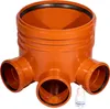 An orange plastic sewage pipe fitting with multiple inlets and one outlet, shown on a white background. A small white bottle of lubricant is also present. Produktbild-Vorschau
