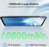 A tablet is shown from a side angle with a dynamic screen display, accompanied by text highlighting its battery capacity and charging features. Produktbild-Vorschau