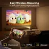 A person is holding a smartphone, mirroring its screen to a projector which displays animated characters on a wall. The scene is set in a living room. Náhled obrázku produktu