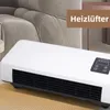A white heater is placed on a textured rug in front of a sofa. A brown overlay with text is in the upper right corner. Produktbild-Vorschau