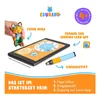 A flat lay image showing the Edurino Mika starter set components, including a figure, tablet with app interface, and stylus, arranged on a white background with marketing text. Produktbild-Vorschau