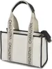 A white canvas tote bag with black trim and black handles, featuring the brand name 'VALENTINO' printed repeatedly on the straps. Anteprima dell’immagine prodotto