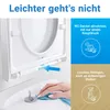 Close-up of a toilet seat with text overlays highlighting features. Produktbild-Vorschau