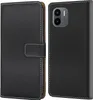A black flip-style phone case for a Xiaomi Redmi A1 is shown from two angles. Produktbild-Vorschau