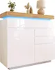 A white high-gloss sideboard with a wooden top and blue LED lighting. Podgląd zdjęcia produktu