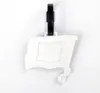 A white luggage tag with a black strap is shown against a white background. Produktbild-Vorschau