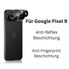 A black smartphone with a camera lens protector applied, next to descriptive text about its features. Produktbild-Vorschau