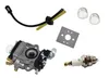 A collection of small engine parts, including a carburetor, spark plug, fuel lines, and gaskets, laid out on a white background. Produktbild-Vorschau