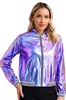 A woman wearing a holographic bomber jacket. Produktbild-Vorschau
