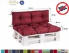 A set of burgundy cushions on a white wooden pallet base, with dimensions and certifications indicated. Voir les images du produit